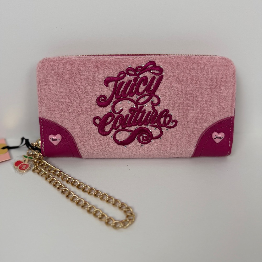 Juicy Couture Large Zip Around Wallet Wristlet Pink Velour Cherry‎ Charm NWT